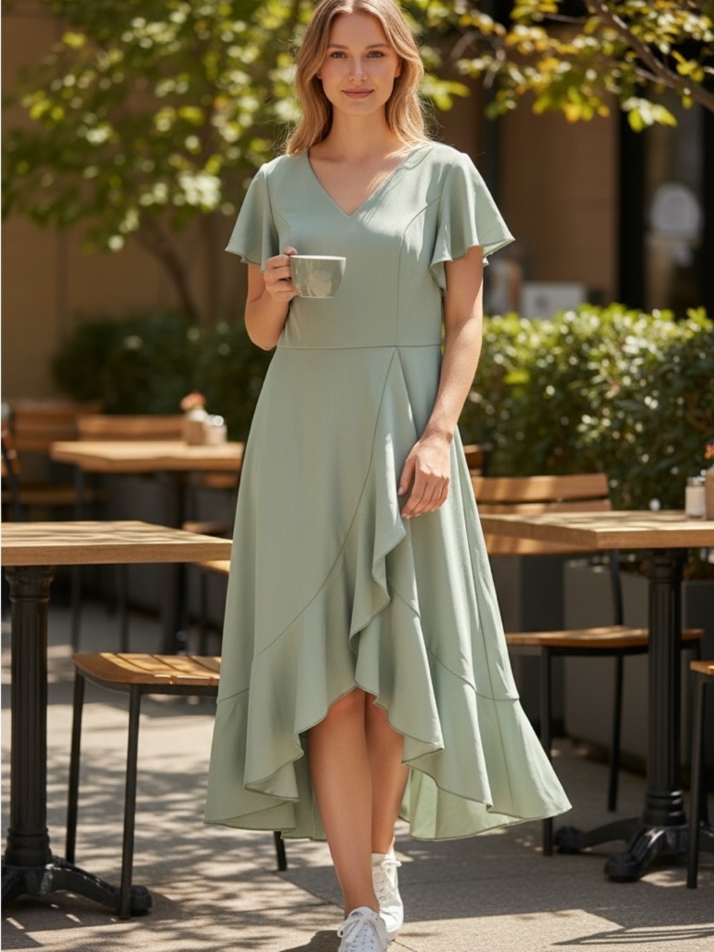 Women's Sage Green V-Neck High-Low Ruffle Dress